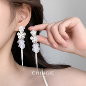 超仙锆石花朵贝壳流苏耳环女长款 耳饰 无耳洞耳夹度假风适合圆脸