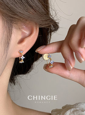 清凉感蓝色冰花耳圈小巧精致花朵耳饰轻奢高级感显脸小无耳洞耳夹