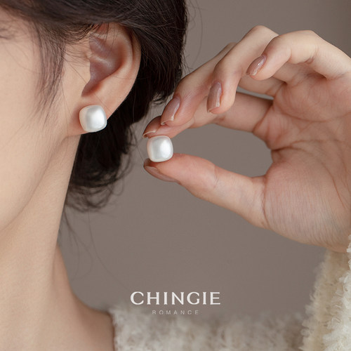 青芥方形珍珠耳夹耳钉