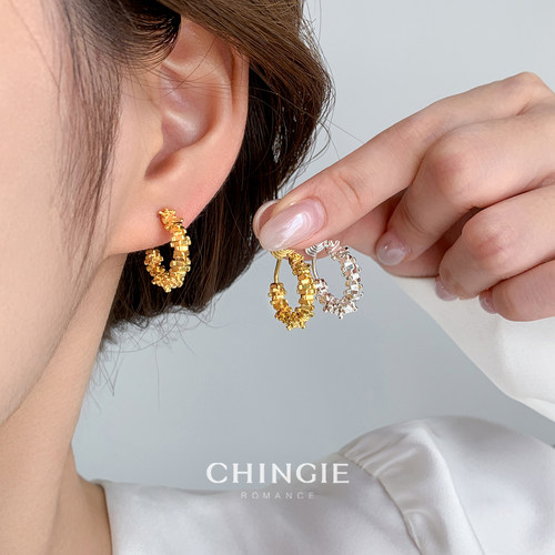 金色碎银子不规则C形耳环