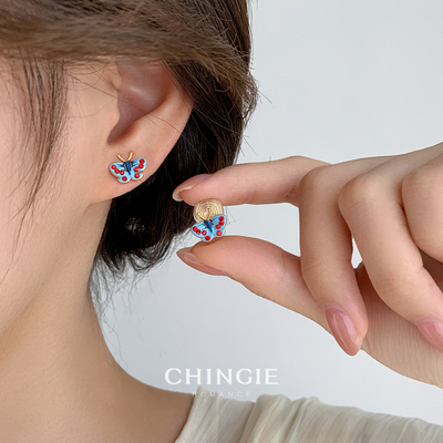 青芥复古蓝色滴釉蝴蝶耳夹耳钉
