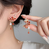 「青芥」法式 浪漫金色枫叶红锆石流苏耳环轻奢高级独特漂亮耳夹女