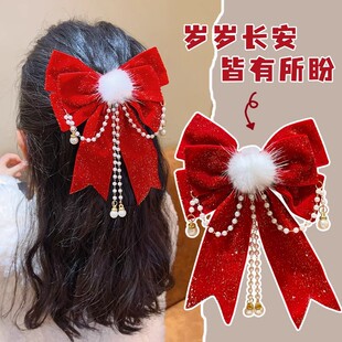 中国风新年女童拜年发夹儿童红色大蝴蝶结流苏发卡头饰汉服发饰品