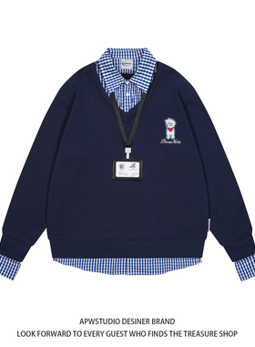 APWSTUDIO春秋小狗刺绣格子拼接假两件卫衣男女宽松情侣百搭外套