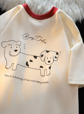 APWSTUDIO美式小众拼色小狗纯棉短袖t恤男女夏季宽松休闲半袖tee