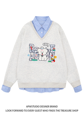 APWSTUDIO刺绣小狗假两件V领长袖男女卫衣春秋季新款情侣翻领上衣