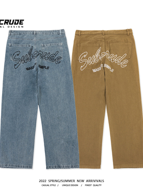 美式辣妹重工字母刺绣牛仔裤子男女2025夏秋设计感小众设计阔腿裤