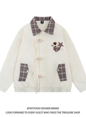 美式复古格子刺绣夹克外套男女vintage宽松休闲百搭ins情侣棒球服