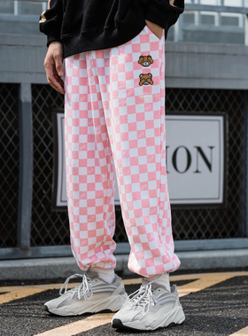 美式潮牌粉色格子休闲长裤男2025年秋季新款复古直筒宽松情侣卫裤