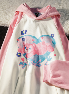 APWSTUDIO美式卡通慵懒风潮牌拼接连帽卫衣女秋冬季宽松情侣外套