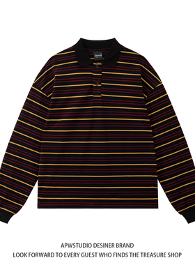 APWSTUDIO韩国复古拼色条纹polo领字母刺绣上衣翻领情侣长袖T恤女