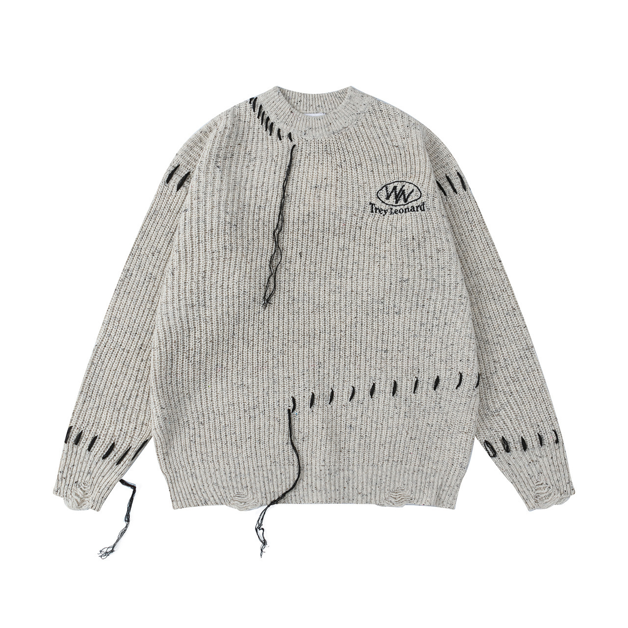 潮牌混色彩点缝线流苏破洞毛衣男