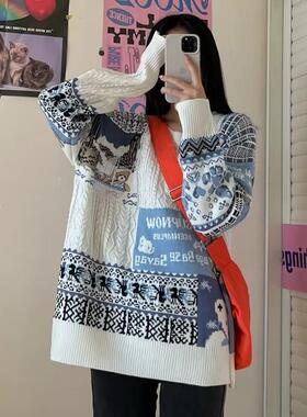 潮牌港风慵懒粗毛线北欧费尔岛毛衣情侣秋冬小熊刺绣蓝色针织衫