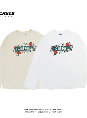 国潮牌夏季新款美式休闲百搭玫瑰花卉印花长袖T恤男女情侣装卫衣