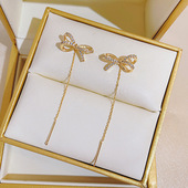 蝴蝶结耳线女小众设计感金色长款 流苏锆石耳环气质满钻耳饰