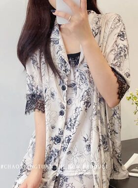 蔷薇花睡衣四件套新款冰丝水墨画款舒适宽松可外穿女士家居服夏季