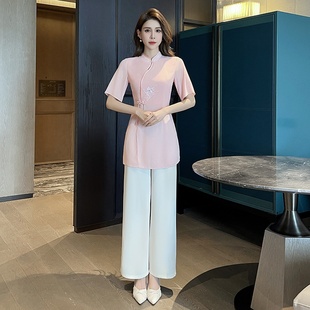 新款工作服遮肚子中式改良旗袍套装美容院采耳师足浴技师服女780