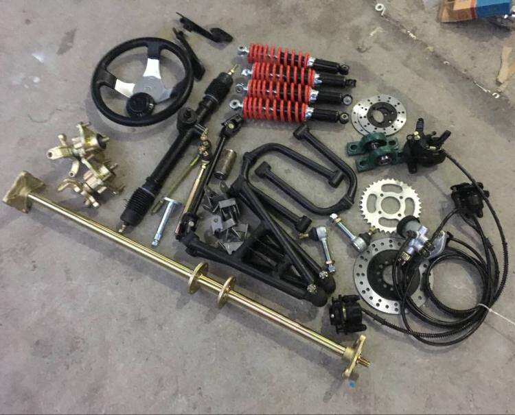 自制四轮卡丁车改装件前桥悬挂转向一拖三刹车方向机减震加粗后轴