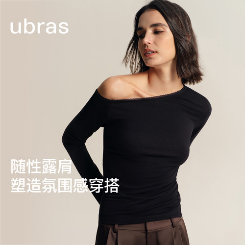 ubras斜肩长袖T恤薄柔软露肩上衣