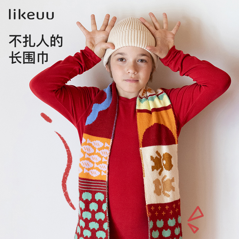 ubras旗下likeuu儿童手套小熊连指手套暖砰砰红新年百搭送礼