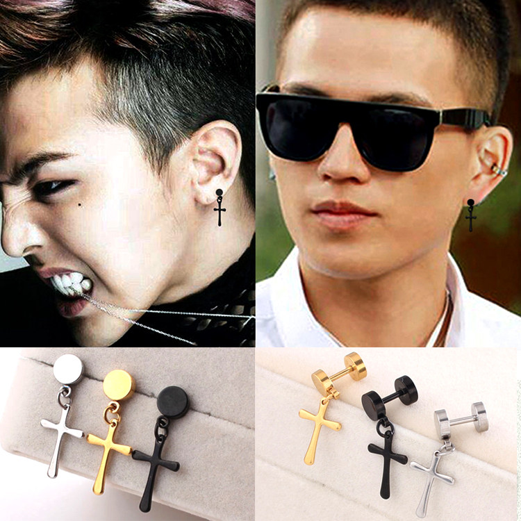 迷你十字架耳环长款欧豪权志龙同款个性圆形男士小耳钉嘻哈耳坠女