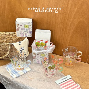 可爱卡通高硼硅玻璃杯套装轻薄耐高温可爱动物图案水杯茶杯礼盒装