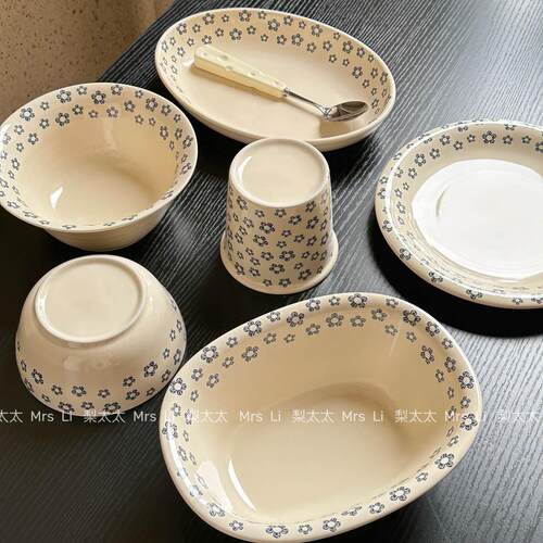 梨太太|复古蓝朵朵陶瓷餐具高颜值菜盘子家用米饭碗汤面碗沙拉碗