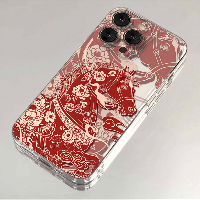 喜庆红色小马适用苹果17/16promax太空手机壳透明iPhone16/15/14/13pro全包防摔vivo华为P70小米17潮oppo新款
