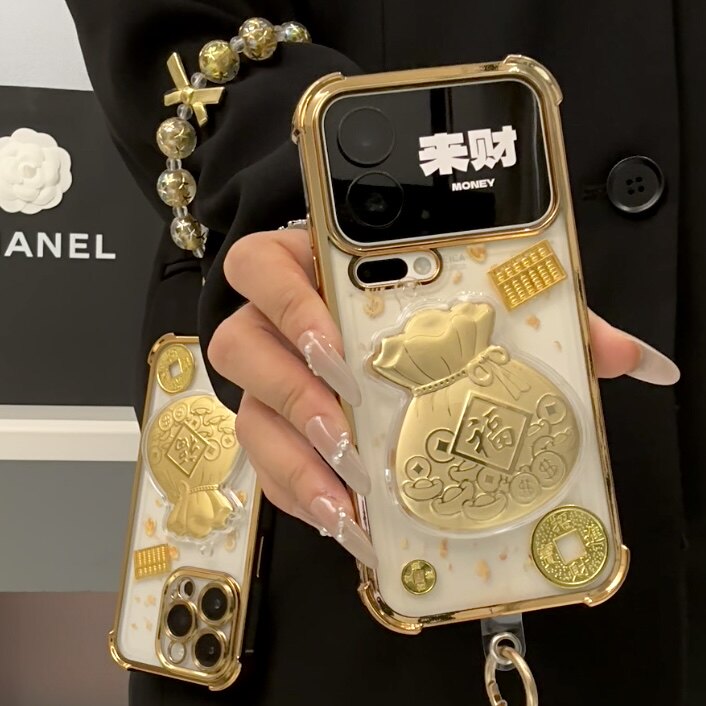 金色福袋四角防摔珍珠挂链适用苹果17promax透明手机壳iPhone16/15/14/13pro高级感vivo华为p70小米17oppo潮