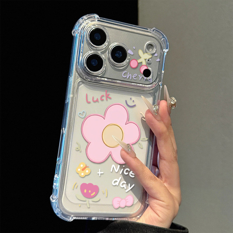 春日笑脸粉花适用苹果17promax四角防摔气囊手机壳iPhone16/15/14/13pro全包透明vivo华为P70小米17oppo软套