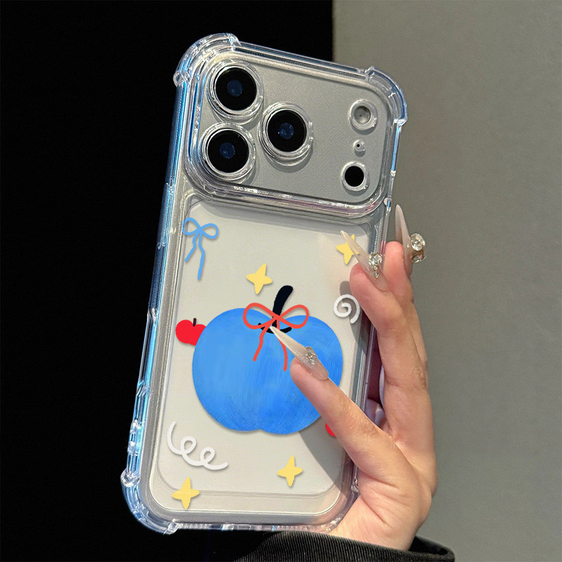 丝带蓝苹果适用于苹果17promax四角防摔气囊手机壳iPhone16/15/14/13pro全包透明vivo华为P70小米17oppo新款