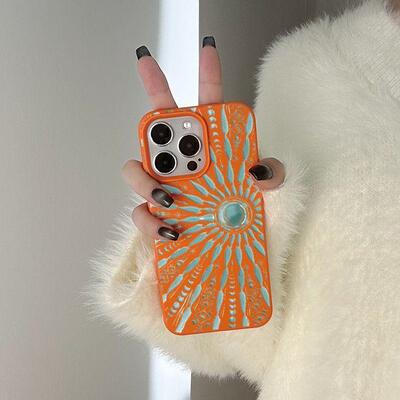 淡青太阳图腾适用iPhone16promax/15promax/16pro/15pro荔枝纹苹果16plus防摔手机壳14pro/13pro/12pro/12/11