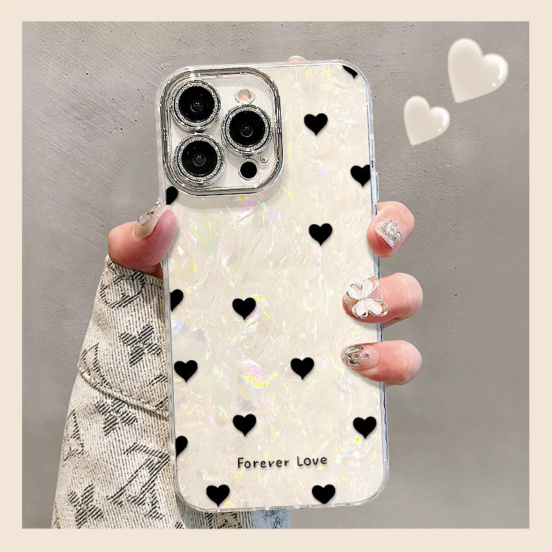 黑色Love爱心适用苹果17promax轻奢高级贝壳纹手机壳iPhone16pro个性15pro小众创意14/13pro全包防摔12女款11