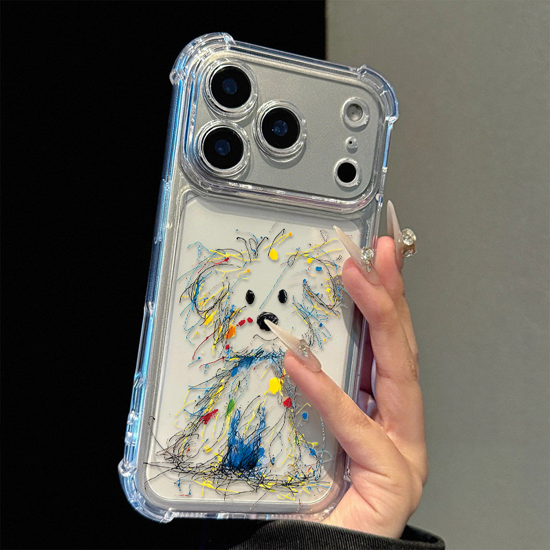 彩涂鸦潦草小狗适用苹果17promax四角防摔气囊手机壳iPhone16/15/14/13pro全包透明vivo华为P70小米17oppo潮