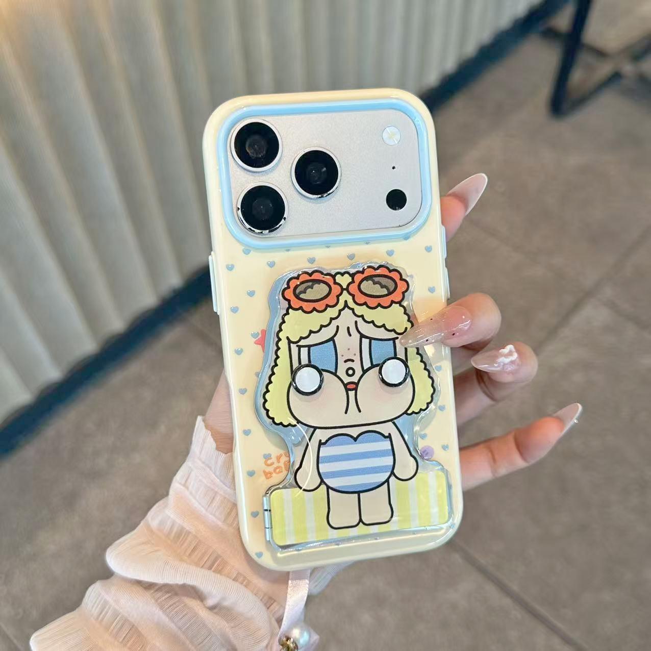 夏日哭娃镜子支架适用苹果17/16promax撞色马卡龙果冻手机壳iPhone15plus新款14/13promax可爱卡通12女款11套
