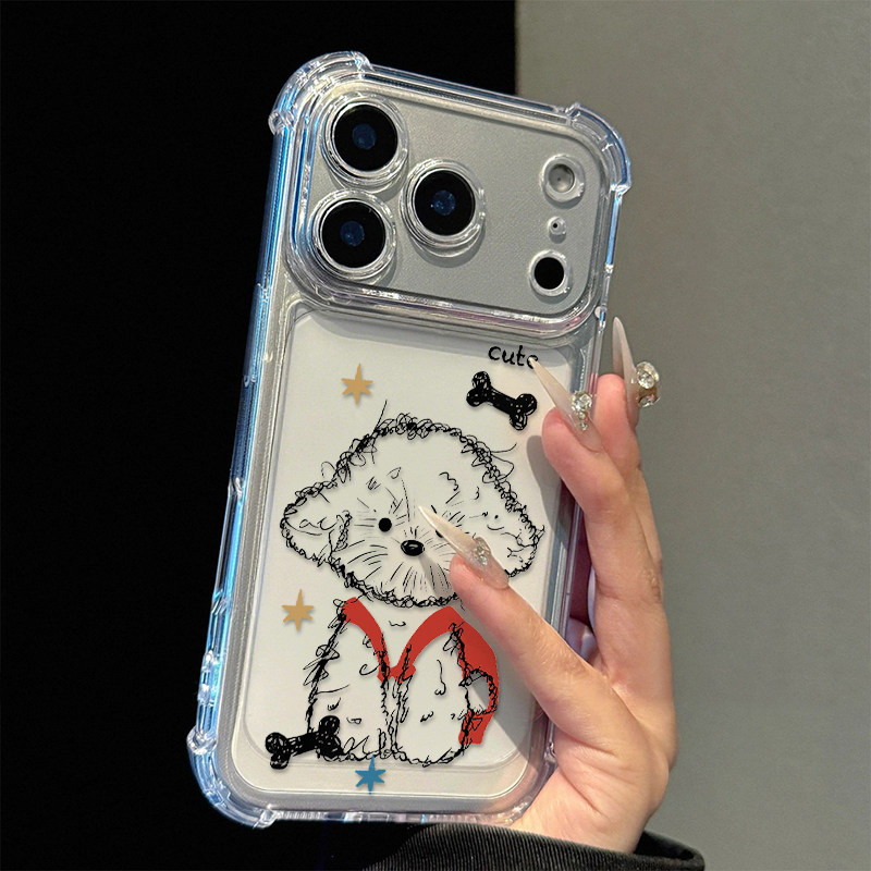 红背包潦草小狗适用苹果17promax四角防摔气囊手机壳iPhone16/15/14/13pro全包透明vivo华为P70小米17oppo潮