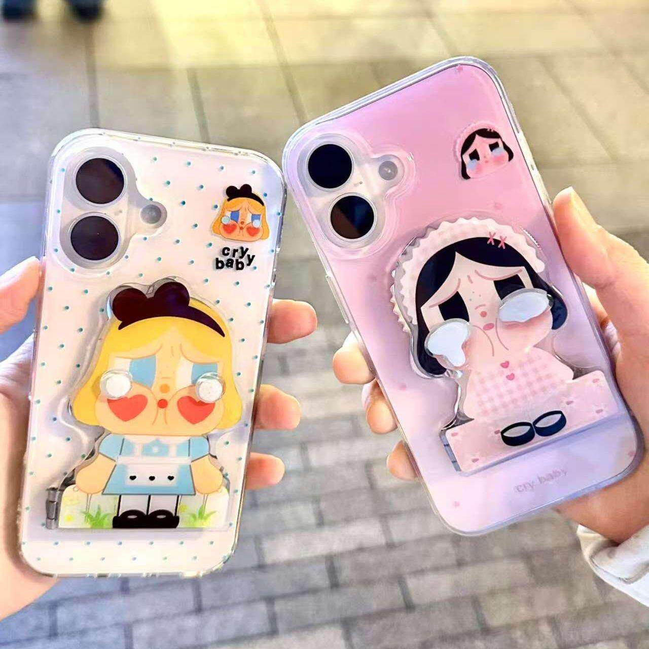 可爱哭娃镜子支架适用苹果17promax手机壳iPhone16pro新款15/14/13pro双层保护vivo华为P70小米17oppo女款套