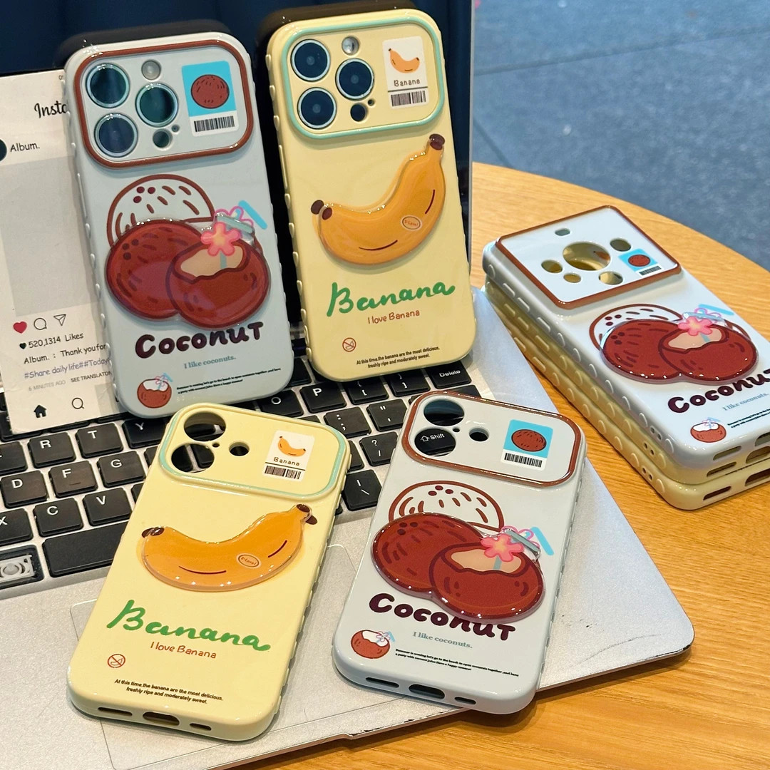 立体香蕉椰子贴件适用苹果17/16promax大视窗手机壳适用iPhone15pro/14/13侧边爱心适用华为vivo小米oppo软套