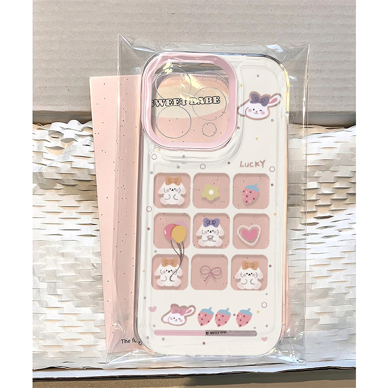 粉框宫格草莓小兔适用苹果17/16promax太空手机壳透明iPhone15/14/13pro男女vivo华为P70小米17oppo全包软套