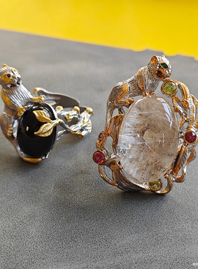 原创设计925银镶嵌原矿晶洞聚宝盆活口戒指指环一物一图现货