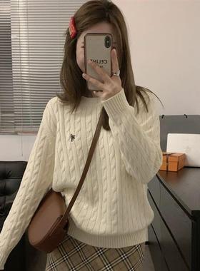 春秋2025年新款韩系麻花圆领慵懒毛衣高级感刺绣长袖针织衫上衣女