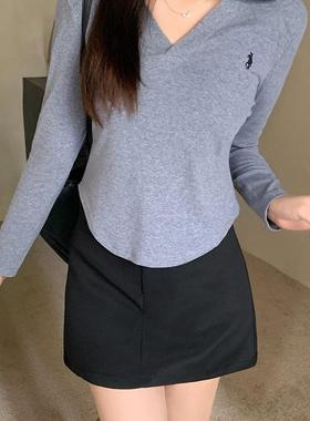 包芯纱秋季新款V领长袖上衣女修身正肩不规则内搭毛衣针织打底衫