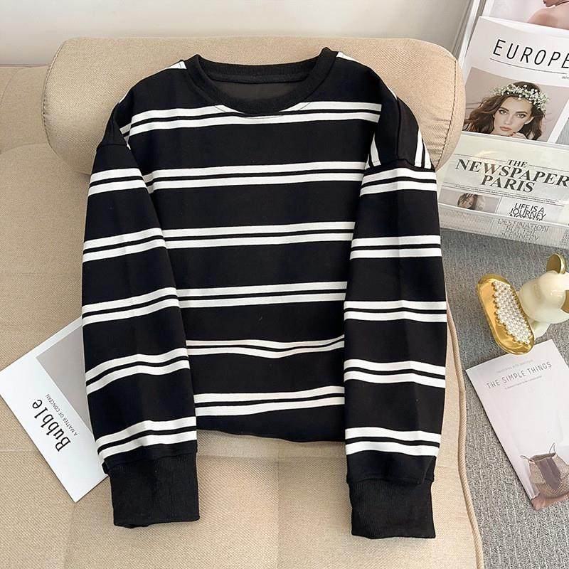 实拍条纹复合330G卫衣潮2025初秋新款薄圆领长袖t恤上衣韩版女装