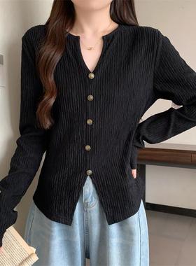 V领长袖T恤女春秋大码2025新款韩版宽松显瘦开叉打底衫短款上衣女