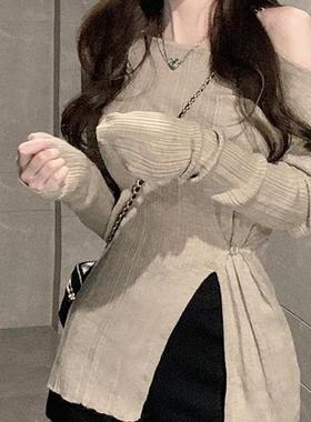 一件代发春秋新款甜辣性感开叉长袖打底T恤女小众修身显瘦上衣女