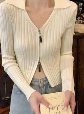 包芯纱秋新款修身短款长袖针织打底衫学生上衣设计感内搭v领毛衣