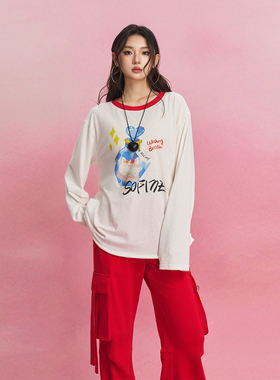 SOFITTE 25SS白色恶搞Kitty印花长袖T恤休闲潮流宽松圆领上衣男女