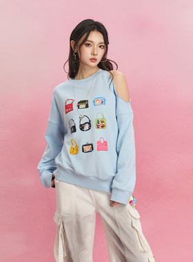 SOFITTE 25SS时尚趣味印花白色包包不对称毛边露肩早春新品卫衣女