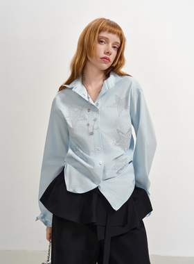 SOFITTE 25AW蓝色星星衬衫长袖烫钻铝丝造型小众百搭上衣男女同款