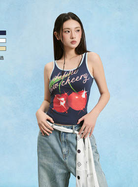 SOFITTE 25SS纯欲甜美休闲风短款上衣撞色樱桃印花吊带修身背心
